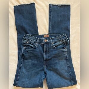 MOTHER Dark Wash High Waisted Rascal Sneak Fray Jeans Sake To Me